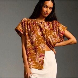 Pilcro Anthropologie Button Down Top Women L/XL Mustard Pink Cotton Boho